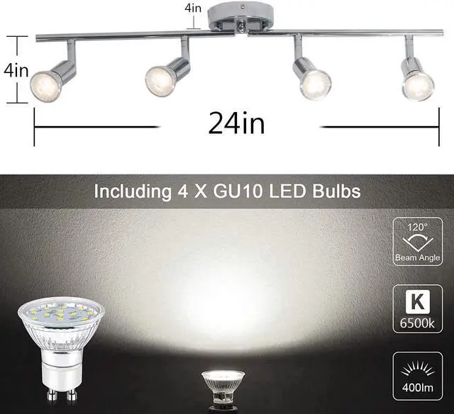 Alt view image 6 of 7 - Garwarm Modern 4-Light Track Lighting Kit, Flush Mount Wall/Ceiling Spot Lights Fixture, LED Track Light with Chrome Flexibly Rotatable Light Head for Kitchen Living Room, 4×GU10 Bulb (Included)