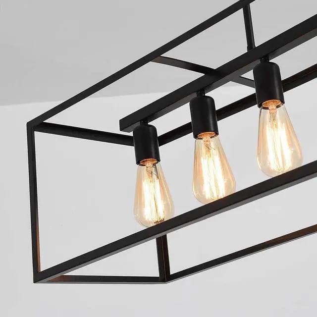 Alt view image 7 of 7 - Garwarm 6 Light Rectangle Chandelier,Black Metal Linear Modern Pendant Lighting,Industrial Cage Kitchen Island Ceiling Light Fixture for Dining Room Kitchen