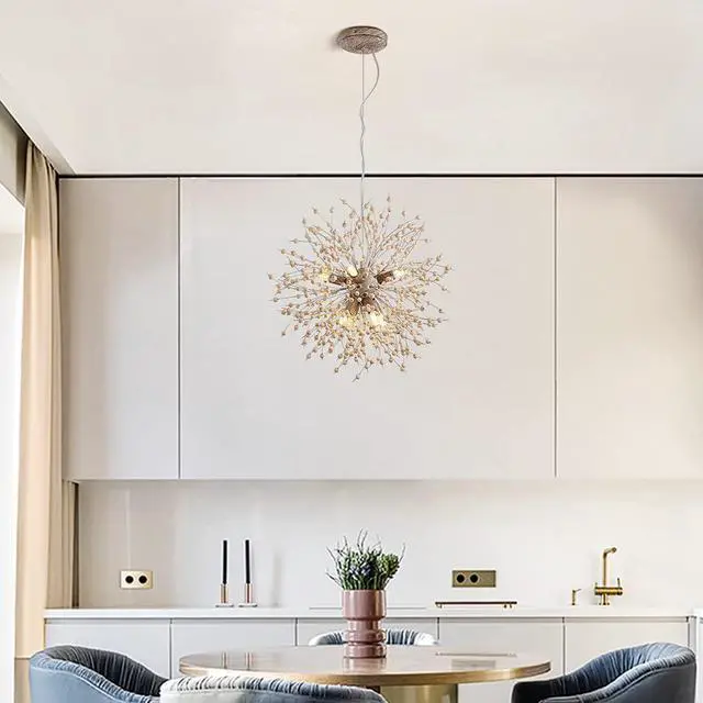Alt view image 2 of 7 - Garwarm Modern Wooden Beads Dandelion Chandelier, Firework Pendant Lighting, 8-Lights Sputnik Ceiling Hanging Light Fixture for Living Room Dining Room Bedroom Kitchen Foyer(G9 Bulb Base)
