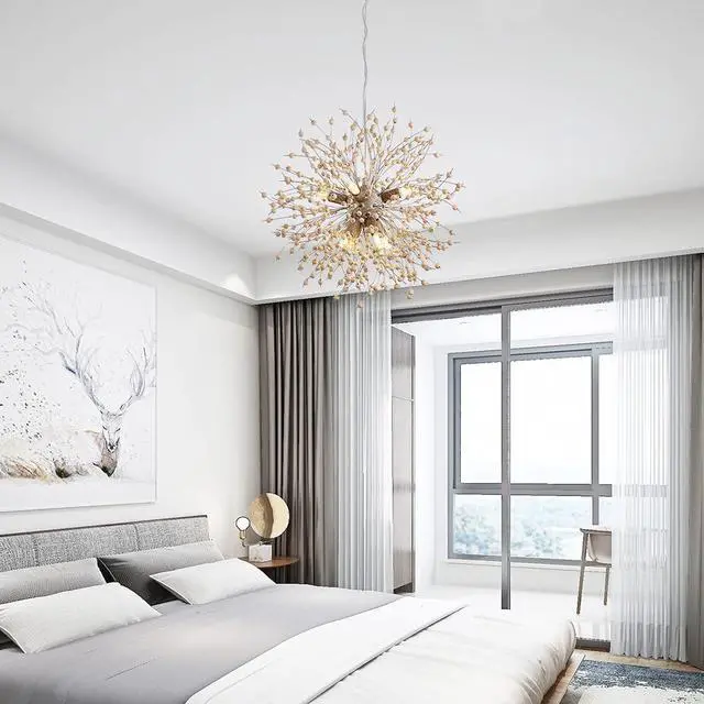 Alt view image 3 of 7 - Garwarm Modern Wooden Beads Dandelion Chandelier, Firework Pendant Lighting, 8-Lights Sputnik Ceiling Hanging Light Fixture for Living Room Dining Room Bedroom Kitchen Foyer(G9 Bulb Base)