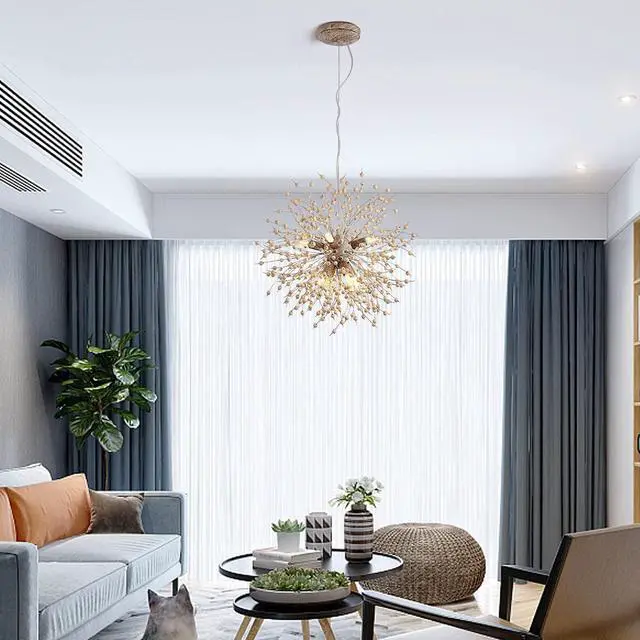 Alt view image 4 of 7 - Garwarm Modern Wooden Beads Dandelion Chandelier, Firework Pendant Lighting, 8-Lights Sputnik Ceiling Hanging Light Fixture for Living Room Dining Room Bedroom Kitchen Foyer(G9 Bulb Base)