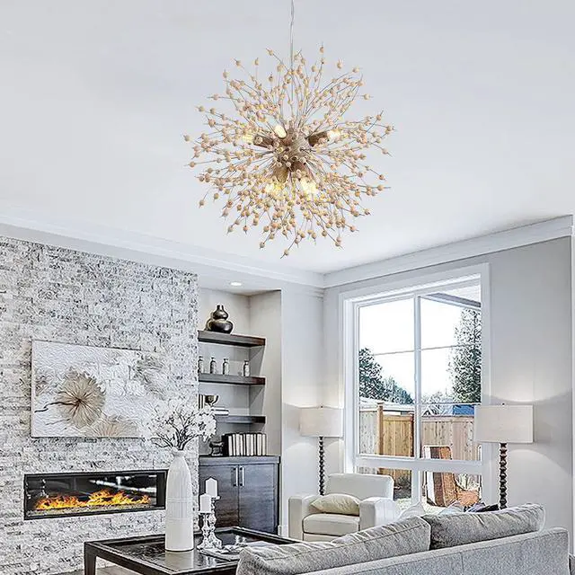 Alt view image 5 of 7 - Garwarm Modern Wooden Beads Dandelion Chandelier, Firework Pendant Lighting, 8-Lights Sputnik Ceiling Hanging Light Fixture for Living Room Dining Room Bedroom Kitchen Foyer(G9 Bulb Base)