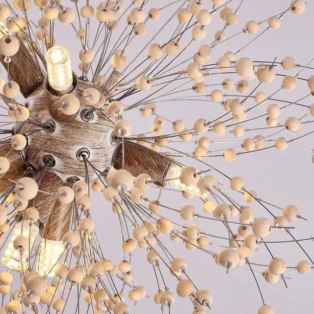 Alt view image 7 of 7 - Garwarm Modern Wooden Beads Dandelion Chandelier, Firework Pendant Lighting, 8-Lights Sputnik Ceiling Hanging Light Fixture for Living Room Dining Room Bedroom Kitchen Foyer(G9 Bulb Base)