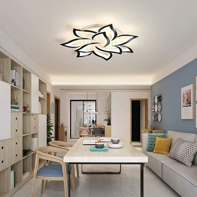 Alt view image 5 of 7 - Garwarm Modern LED Ceiling Light, Dimmable Flower Shape Ceiling Lamp Fixture with Remote, Acrylic 10 Petals LED Ceiling Chandelier Lighting for Living Room Bedroom Kids Room (White & Black,70W )