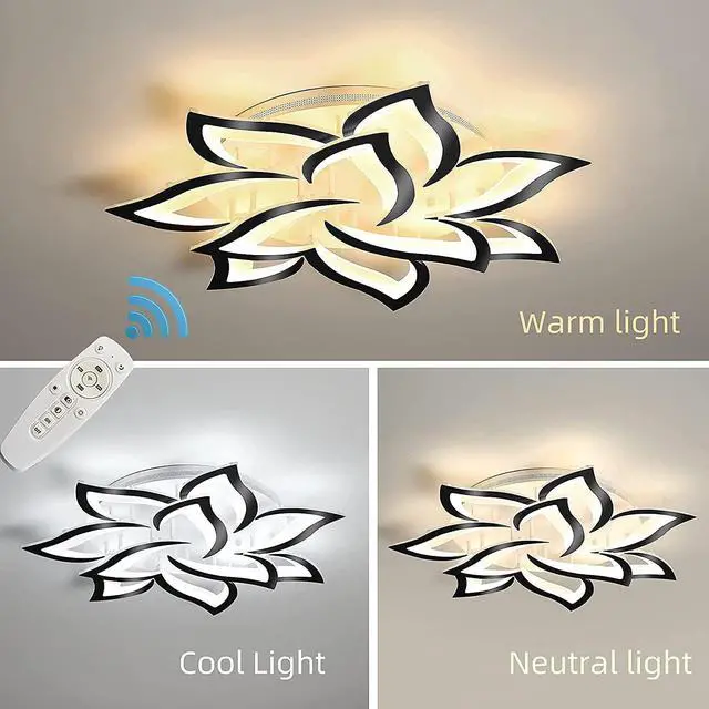 Alt view image 4 of 7 - Garwarm Modern LED Ceiling Light, Dimmable Flower Shape Ceiling Lamp Fixture with Remote, Acrylic 10 Petals LED Ceiling Chandelier Lighting for Living Room Bedroom Kids Room (White & Black,70W )
