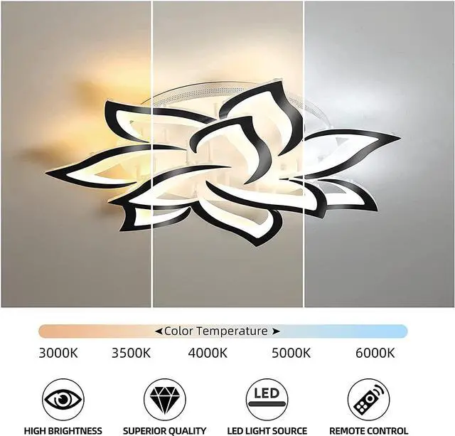 Alt view image 7 of 7 - Garwarm Modern LED Ceiling Light, Dimmable Flower Shape Ceiling Lamp Fixture with Remote, Acrylic 10 Petals LED Ceiling Chandelier Lighting for Living Room Bedroom Kids Room (White & Black,70W )