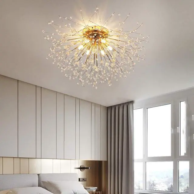 Alt view image 2 of 7 - Garwarm Firework Chandeliers, 6-Lights Sputnik Ceiling Lamp Modern Semi Flush Mount Crystal Ceiling Lighting 24 Inch LED Ceiling Light Fixtures for Living Room Dining Room Gold