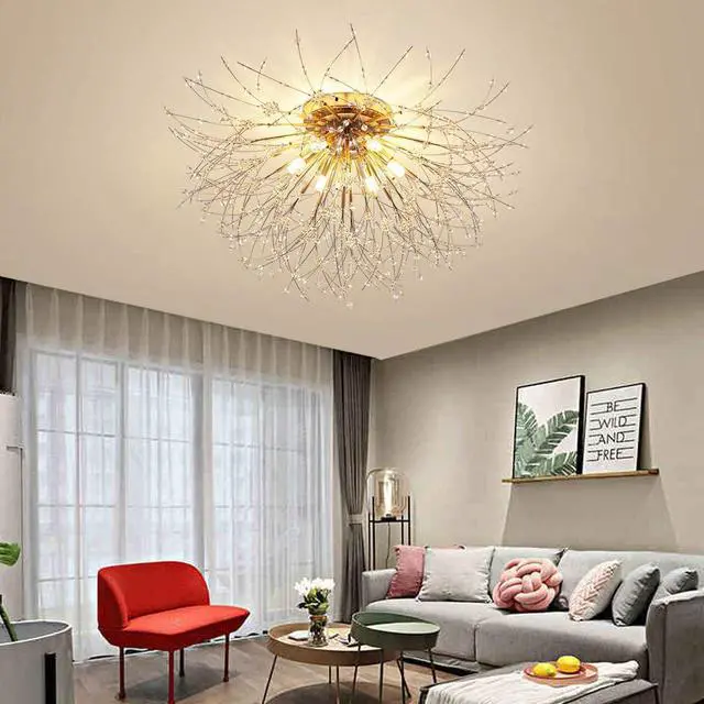 Alt view image 3 of 7 - Garwarm Firework Chandeliers, 6-Lights Sputnik Ceiling Lamp Modern Semi Flush Mount Crystal Ceiling Lighting 24 Inch LED Ceiling Light Fixtures for Living Room Dining Room Gold