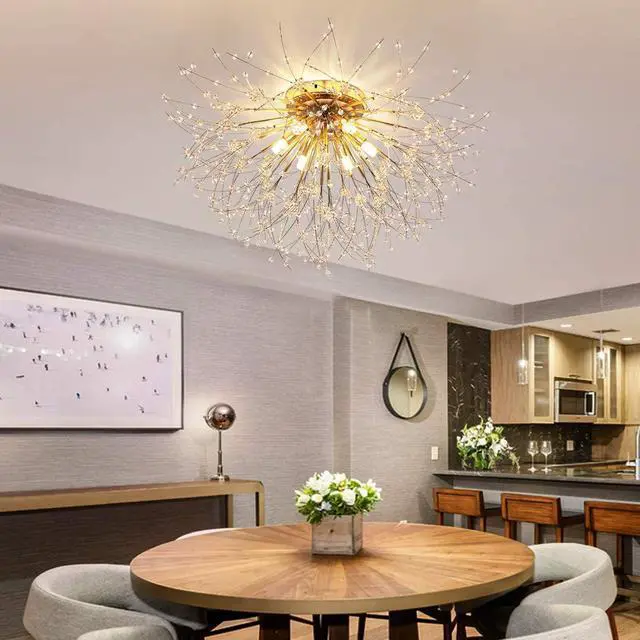 Alt view image 4 of 7 - Garwarm Firework Chandeliers, 6-Lights Sputnik Ceiling Lamp Modern Semi Flush Mount Crystal Ceiling Lighting 24 Inch LED Ceiling Light Fixtures for Living Room Dining Room Gold