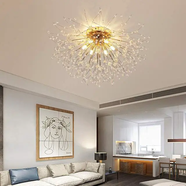 Alt view image 5 of 7 - Garwarm Firework Chandeliers, 6-Lights Sputnik Ceiling Lamp Modern Semi Flush Mount Crystal Ceiling Lighting 24 Inch LED Ceiling Light Fixtures for Living Room Dining Room Gold