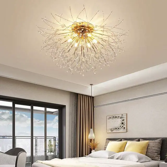 Alt view image 6 of 7 - Garwarm Firework Chandeliers, 6-Lights Sputnik Ceiling Lamp Modern Semi Flush Mount Crystal Ceiling Lighting 24 Inch LED Ceiling Light Fixtures for Living Room Dining Room Gold