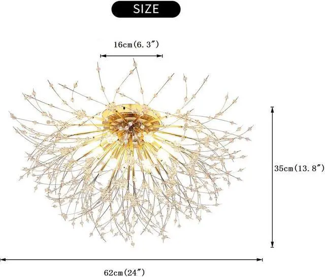 Alt view image 7 of 7 - Garwarm Firework Chandeliers, 6-Lights Sputnik Ceiling Lamp Modern Semi Flush Mount Crystal Ceiling Lighting 24 Inch LED Ceiling Light Fixtures for Living Room Dining Room Gold