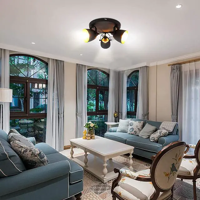 Alt view image 4 of 7 - Garwarm Multi-Directional Ceiling Spot Light,Semi Flush Mount Ceiling Light,Industrial Black Ceiling Lamp Adjustable Round Track Lighting for Hallway Stairway Porch Entryway Kitchen