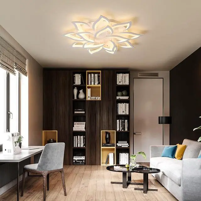 Alt view image 2 of 7 - Garwarm LED Dimmable Flower Shape Ceiling Light 14-Head Modern Petal Flush Mount Ceiling Lamp with Remote Control White Metal Acrylic Ceiling Chandelier Lighting for Living Room Bedroom Dining Room