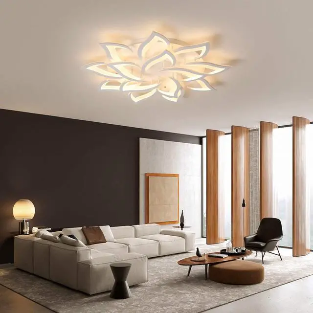 Alt view image 3 of 7 - Garwarm LED Dimmable Flower Shape Ceiling Light 14-Head Modern Petal Flush Mount Ceiling Lamp with Remote Control White Metal Acrylic Ceiling Chandelier Lighting for Living Room Bedroom Dining Room
