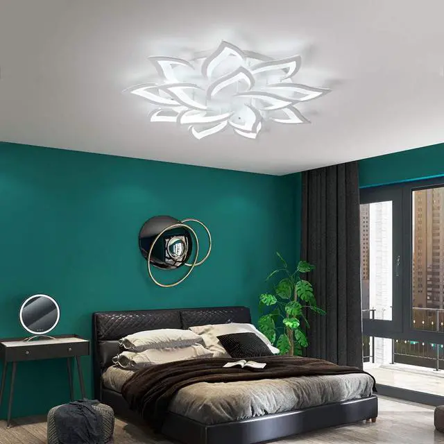 Alt view image 4 of 7 - Garwarm LED Dimmable Flower Shape Ceiling Light 14-Head Modern Petal Flush Mount Ceiling Lamp with Remote Control White Metal Acrylic Ceiling Chandelier Lighting for Living Room Bedroom Dining Room
