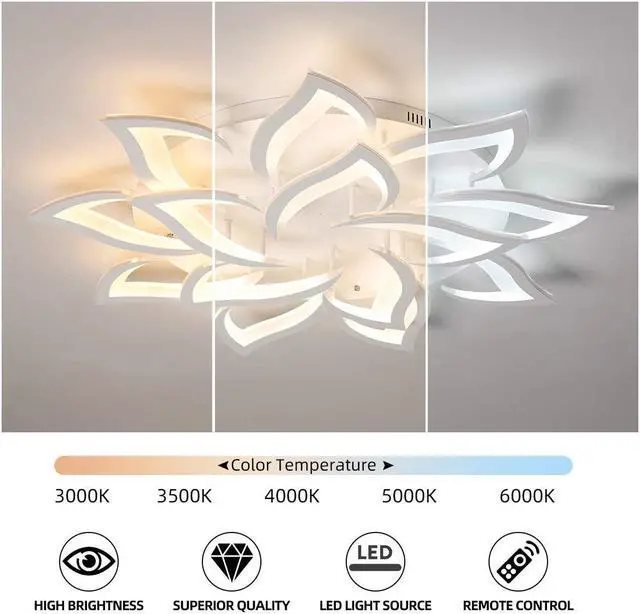 Alt view image 7 of 7 - Garwarm LED Dimmable Flower Shape Ceiling Light 14-Head Modern Petal Flush Mount Ceiling Lamp with Remote Control White Metal Acrylic Ceiling Chandelier Lighting for Living Room Bedroom Dining Room