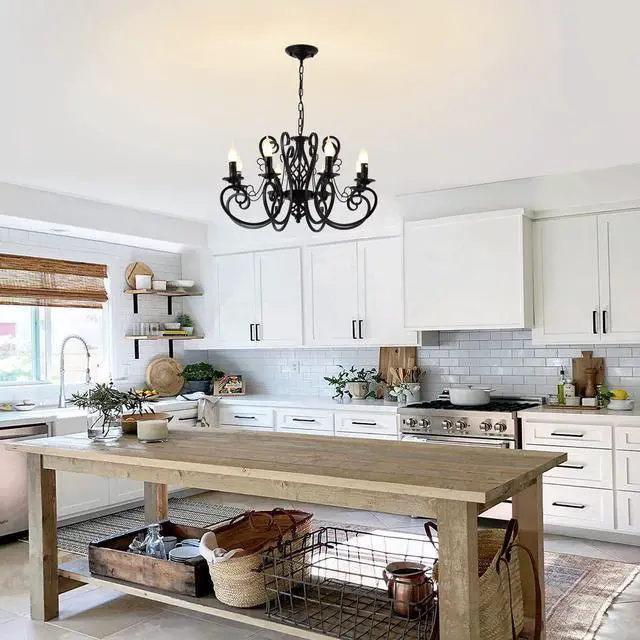 Alt view image 2 of 7 - Garwarm French Country Chandeliers,8 Lights Kitchen Island Candle Iron Black Chandelier,Industrial Vintage Pendant Light Fixture for Farmhouse,Dining Room,Bedroom,Foyer