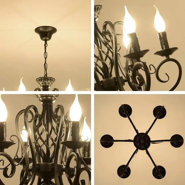 Alt view image 7 of 7 - Garwarm French Country Chandeliers,8 Lights Kitchen Island Candle Iron Black Chandelier,Industrial Vintage Pendant Light Fixture for Farmhouse,Dining Room,Bedroom,Foyer