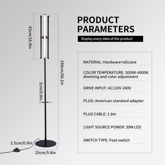 Alt view image 2 of 7 - LED Floor Lamp, Modern Tall Standing Lamps with 3 Lights,30W 3 Color Temperature & Stepless Dimmable Brightness with Remote,66.5 in Corner Lamp for Living Room, Office, Hotel, Bedroom