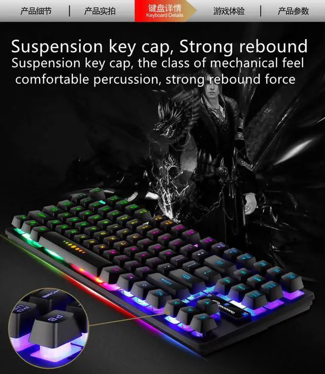 Alt view image 2 of 7 - Mechanic Game Keyboard RGB LED Rainbow Backlit Cable Keyboard with Red Switch for Windows Game Computer (87 keys, Black)