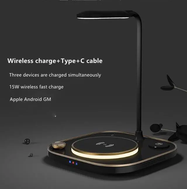Main image of STARNOONTEK  Four in-one desk lamp wireless charger, 15W fast charging, compatible with all Iphones, Android phones, iWatch Series, AirPods Black
