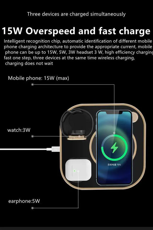 Alt view image 4 of 7 - STARNOONTEK  Four in-one desk lamp wireless charger, 15W fast charging, compatible with all Iphones, Android phones, iWatch Series, AirPods Black