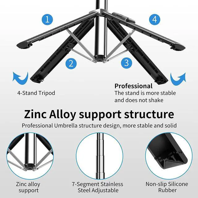 Alt view image 3 of 6 - STARNOONTEK 40 Inch Aluminum Selfie Stick Tripod Quadrapod, Onboard Light, Wireless Bluetooth Remote, Extendable, 3 Light Modes, 9 Brightness Levels, Compatible with All iPhone & Android Devices