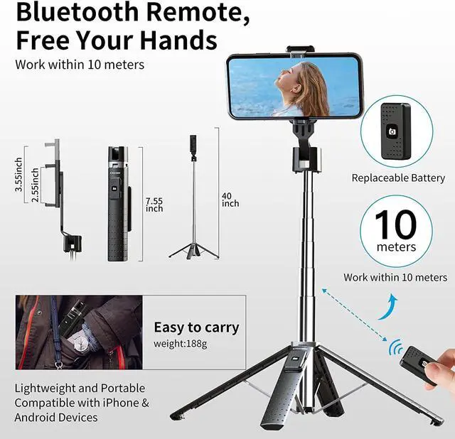 Alt view image 5 of 6 - STARNOONTEK 40 Inch Aluminum Selfie Stick Tripod Quadrapod, Onboard Light, Wireless Bluetooth Remote, Extendable, 3 Light Modes, 9 Brightness Levels, Compatible with All iPhone & Android Devices
