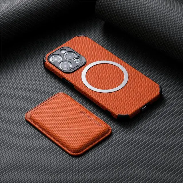 Alt view image 2 of 7 - iPhone 14 Pro Max case design, mobile phone case back paste Magsafe magnetic suction card bag fiber grain, upgrade the enhanced camera protection Brown