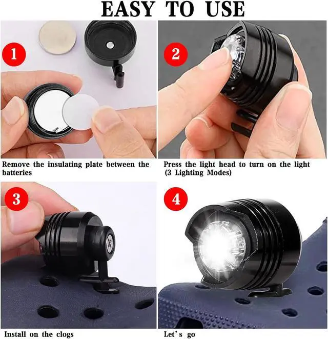Alt view image 4 of 7 - Headlights for Crocs 2pcs,Flashlights Attachment for Crocs,Light Up Charms Accessories for Kids Adults Men Women,Clip on Clog Headlights for Crock Shoe,IPX5 Waterproof for Walking Camping Hiking Red