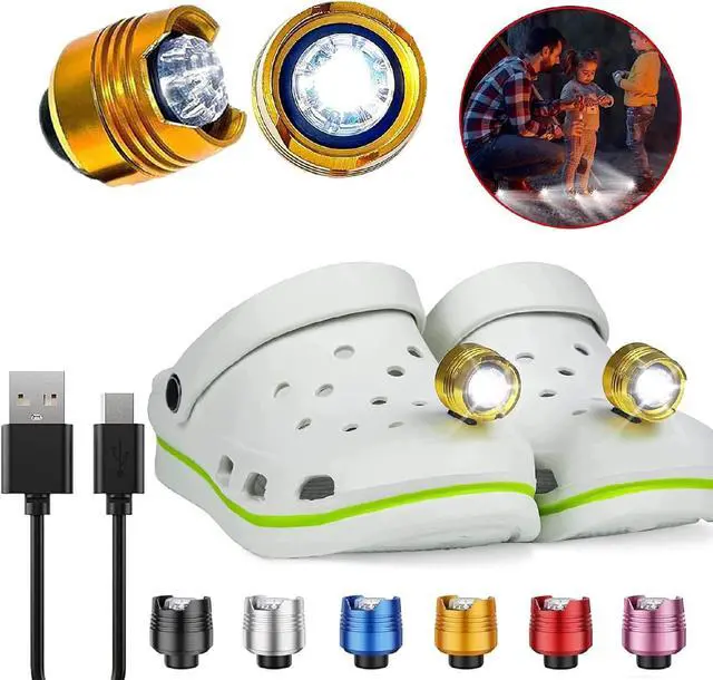 Main image of vibebli Rechargeable Headlights for Croc 2pcs, Flashlights Attachment for Croc, Charms Accessories Headlights for Kids Adults Men Women, Clip on Clog Headlights for Crock Shoes Gold