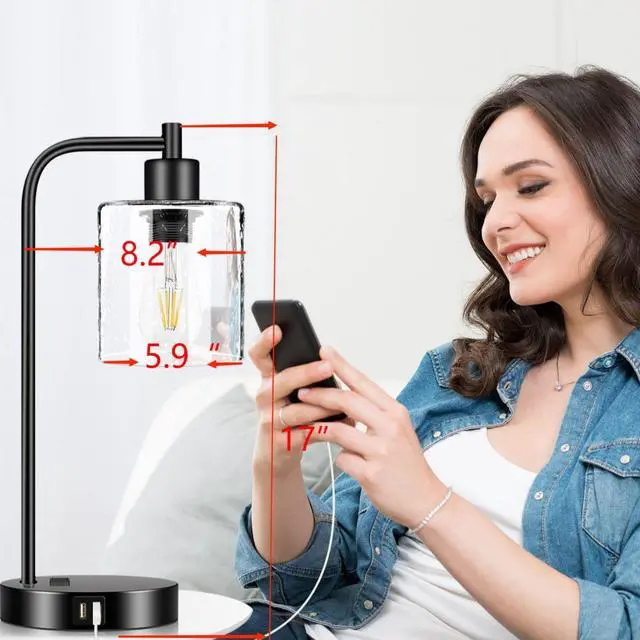 Alt view image 4 of 7 - Set of 2 Industrial Table Lamps, 2 x 800LM LED Bulbs Included, Fully Stepless Dimmable Lamps with 2 USB Port, Bedside Nightstand Desk Lamps with Seeded Glass Shade for Reading Office