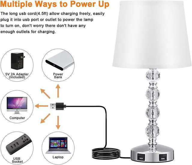 Alt view image 4 of 7 - Cute Crystal Table Bedside Lamp Set of 2 with 2 USB Charging Ports, 3 Way Dimmable, Silver and White, Touch Control Nightstand Lamp, Small Bed Lamp for Bedroom, Guest Room(Bulb Included)