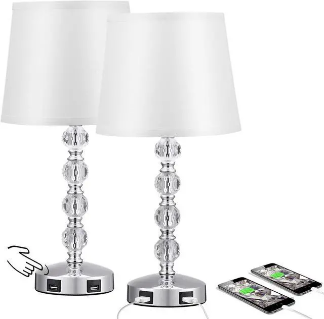 Main image of Cute Crystal Table Bedside Lamp Set of 2 with 2 USB Charging Ports, 3 Way Dimmable, Silver and White, Touch Control Nightstand Lamp, Small Bed Lamp for Bedroom, Guest Room(Bulb Included)