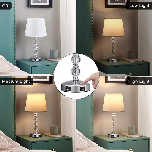 Alt view image 3 of 7 - Cute Crystal Table Bedside Lamp Set of 2 with 2 USB Charging Ports, 3 Way Dimmable, Silver and White, Touch Control Nightstand Lamp, Small Bed Lamp for Bedroom, Guest Room(Bulb Included)