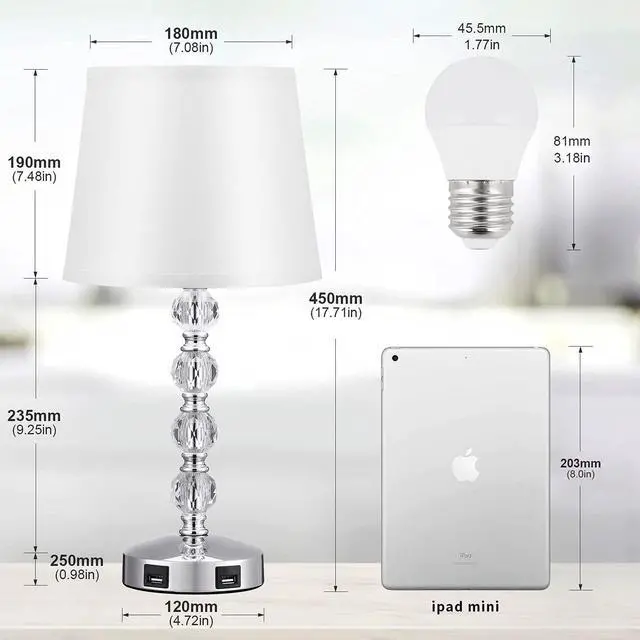 Alt view image 2 of 7 - Cute Crystal Table Bedside Lamp Set of 2 with 2 USB Charging Ports, 3 Way Dimmable, Silver and White, Touch Control Nightstand Lamp, Small Bed Lamp for Bedroom, Guest Room(Bulb Included)