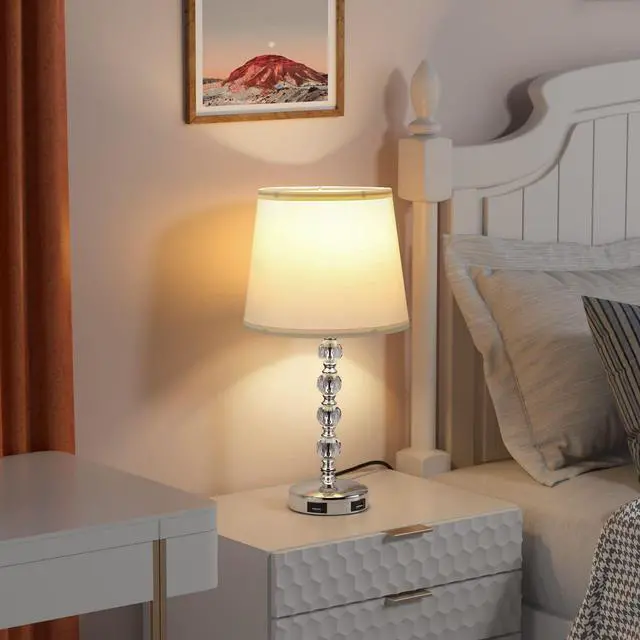 Alt view image 5 of 7 - Cute Crystal Table Bedside Lamp Set of 2 with 2 USB Charging Ports, 3 Way Dimmable, Silver and White, Touch Control Nightstand Lamp, Small Bed Lamp for Bedroom, Guest Room(Bulb Included)