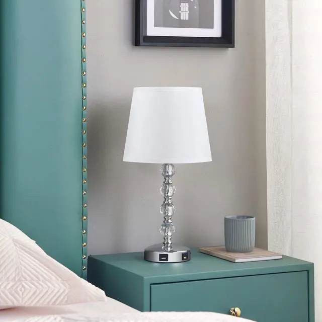 Alt view image 6 of 7 - Cute Crystal Table Bedside Lamp Set of 2 with 2 USB Charging Ports, 3 Way Dimmable, Silver and White, Touch Control Nightstand Lamp, Small Bed Lamp for Bedroom, Guest Room(Bulb Included)