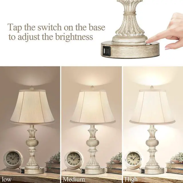Alt view image 2 of 6 - Touch Control Table Lamp Set of 2, 3-Way Dimmable Bedside Nightstand Lamp with 2 USB Charging Ports, Rustic Farmhouse Desk Lamp with Faux Silk Shade for Living Room
