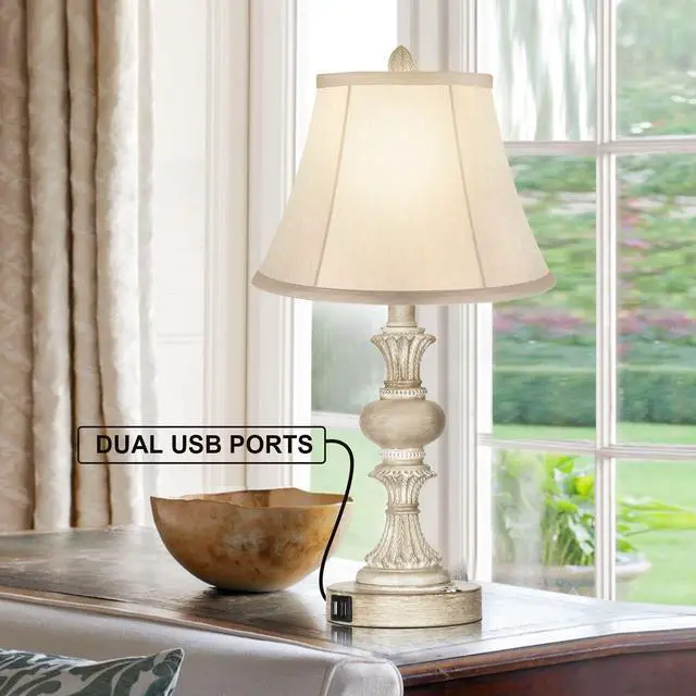 Alt view image 3 of 6 - Touch Control Table Lamp Set of 2, 3-Way Dimmable Bedside Nightstand Lamp with 2 USB Charging Ports, Rustic Farmhouse Desk Lamp with Faux Silk Shade for Living Room
