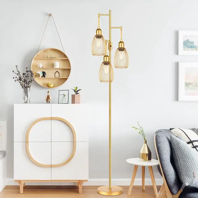 Alt view image 3 of 7 - Dimmable Floor Lamp, 3 x 800LM LED Edison Bulbs Included, Farmhouse Industrial Floor Lamp Standing Lamp with Elegant Teardrop Cage Heads Tall Lamps for Living Room Office Bedroom