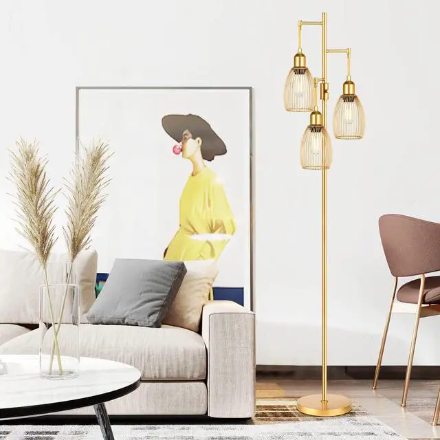 Alt view image 4 of 7 - Dimmable Floor Lamp, 3 x 800LM LED Edison Bulbs Included, Farmhouse Industrial Floor Lamp Standing Lamp with Elegant Teardrop Cage Heads Tall Lamps for Living Room Office Bedroom