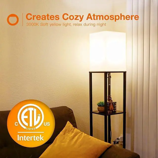 Alt view image 3 of 6 - LED Modern Shelf Floor Lamp with White Lamp Shade and LED Bulb - Display Floor Lamps with Shelves for Living Room, Bedroom and Office - Black