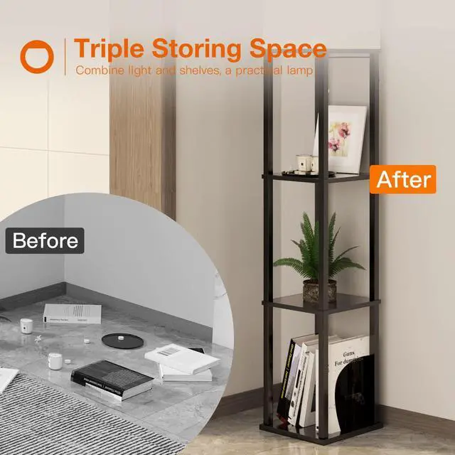 Alt view image 2 of 6 - LED Modern Shelf Floor Lamp with White Lamp Shade and LED Bulb - Display Floor Lamps with Shelves for Living Room, Bedroom and Office - Black