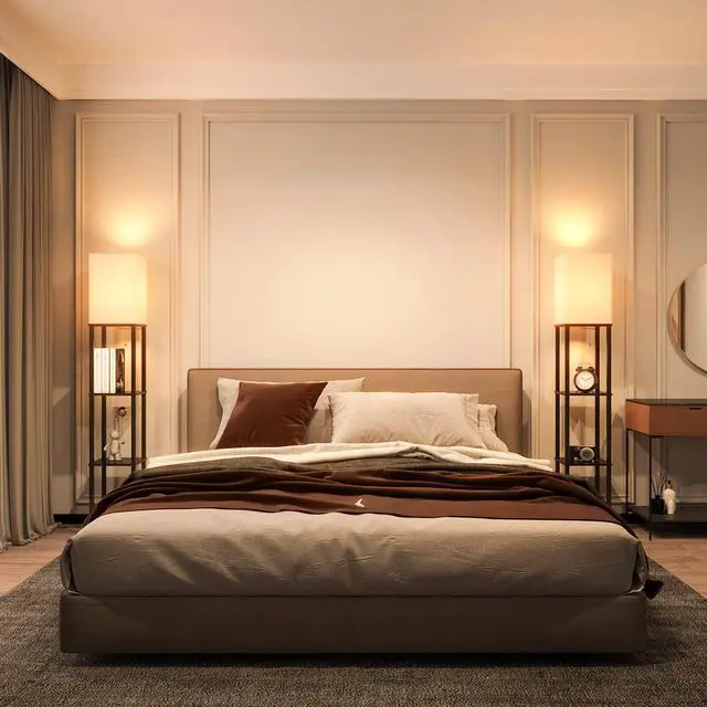 Alt view image 6 of 6 - LED Modern Shelf Floor Lamp with White Lamp Shade and LED Bulb - Display Floor Lamps with Shelves for Living Room, Bedroom and Office - Black