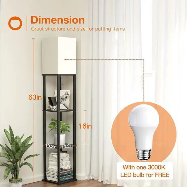 Alt view image 5 of 6 - LED Modern Shelf Floor Lamp with White Lamp Shade and LED Bulb - Display Floor Lamps with Shelves for Living Room, Bedroom and Office - Black