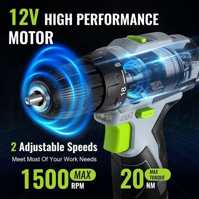 Alt view image 3 of 7 - 12V Cordless Drill Driver and Home Tool Kit, 61-Piece Hand Tool Set for DIY, Home Maintenance, 14-inch Storage Bag Included