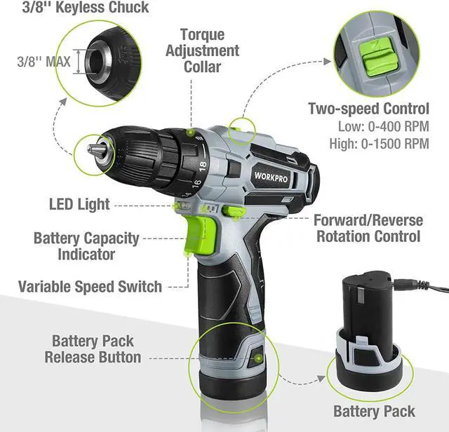 Alt view image 2 of 7 - 12V Cordless Drill Driver and Home Tool Kit, 61-Piece Hand Tool Set for DIY, Home Maintenance, 14-inch Storage Bag Included