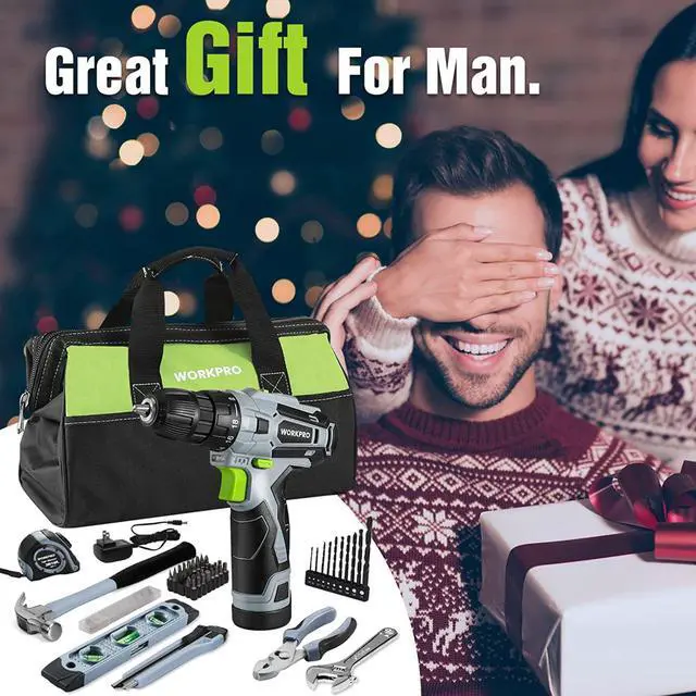 Alt view image 7 of 7 - 12V Cordless Drill Driver and Home Tool Kit, 61-Piece Hand Tool Set for DIY, Home Maintenance, 14-inch Storage Bag Included